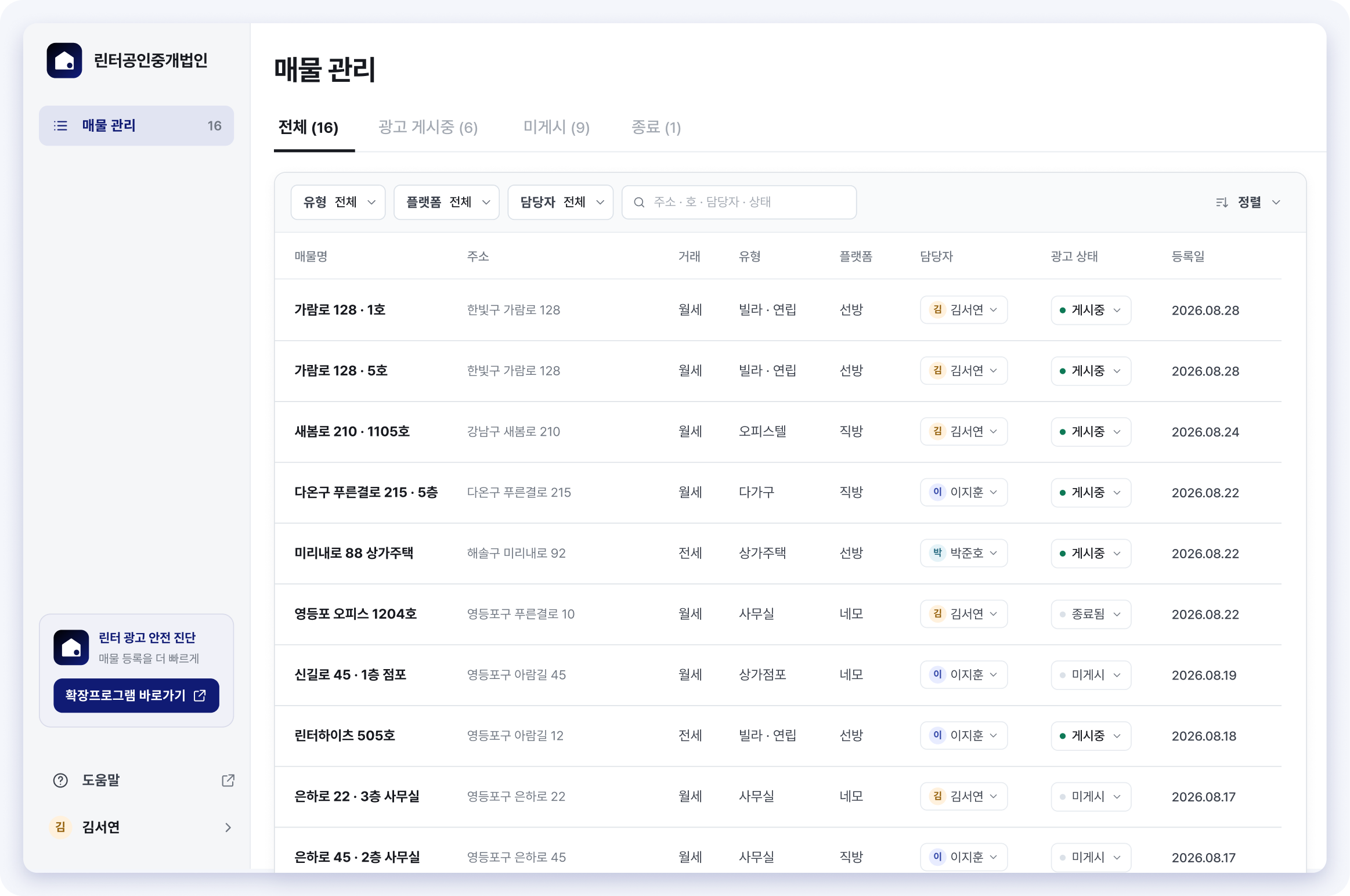 가상 매물 주소와 유형, 플랫폼, 담당자, 광고 상태를 한눈에 보여주는 린터 매물 관리 화면